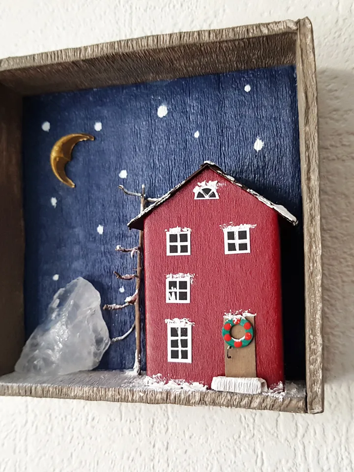 Miniature Christmas House Shadow Box 3D painting