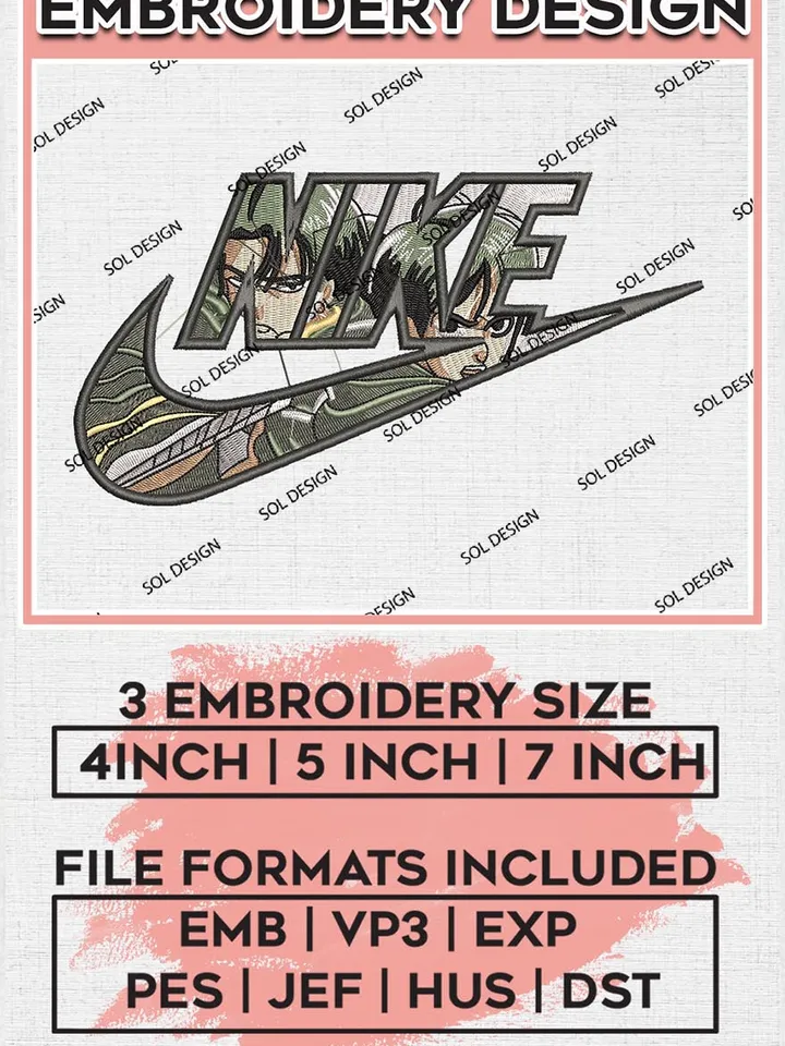 Nike Swoosh Levi Ackerman Embroidery Files, Anime Character Embroidery Designs, Machine Embroidery Digital Download EMB_ANIME_182