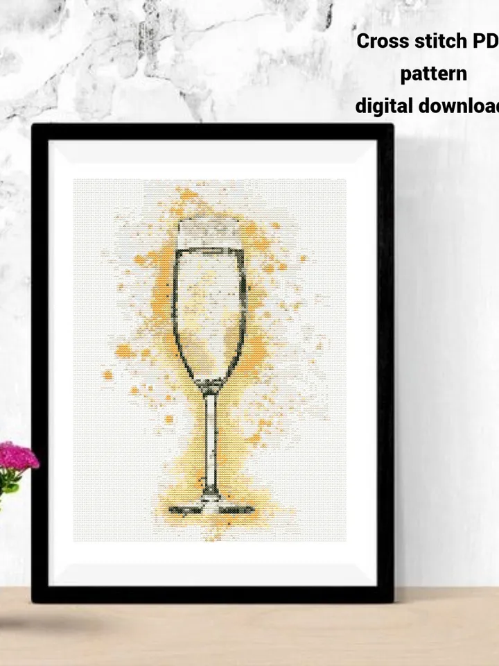 A glass of champagne cross stitch PDF pattern, Watercolor embroidery design, Instant download