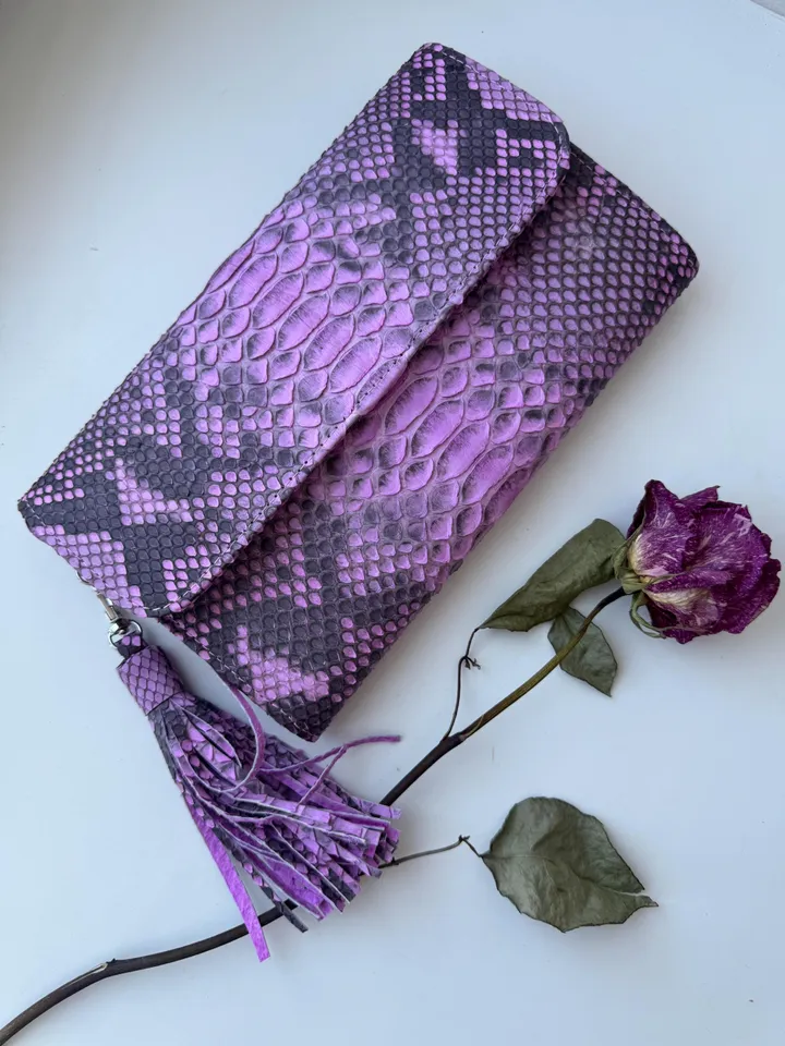 Genuine python skin classy flat clutch with shoulder chain | elegant evening women purse | designer leather bags | small shoulder pink bag