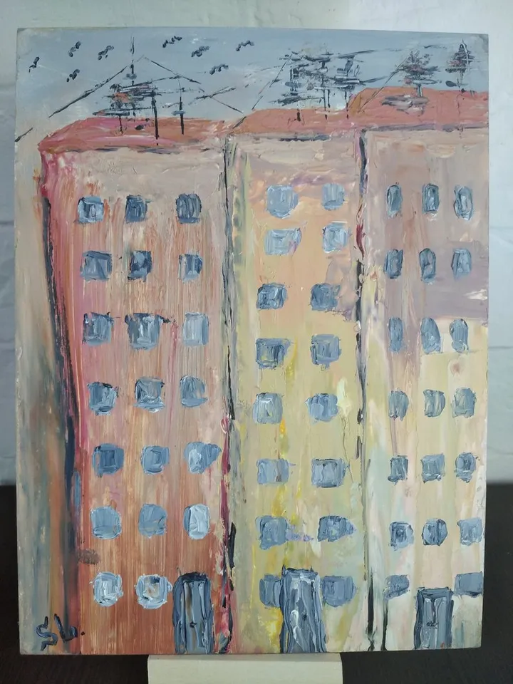 Oil painting City high rises tall buildings street original art handmade cardboard 10x7 inches