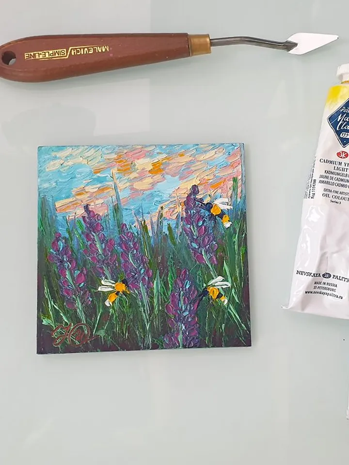 Lavender Fields Painting Bees Original Art Floral Wall Art Small Oil Painting
