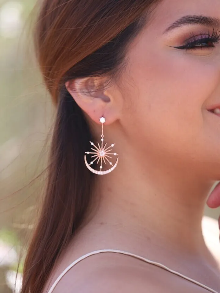 Big Size, Rose Gold Star and Moon Swarovski Wedding Earrings, Rose Gold Chandelier Statement Bridal Earrings, Celestial Boho Wedding Jewelry