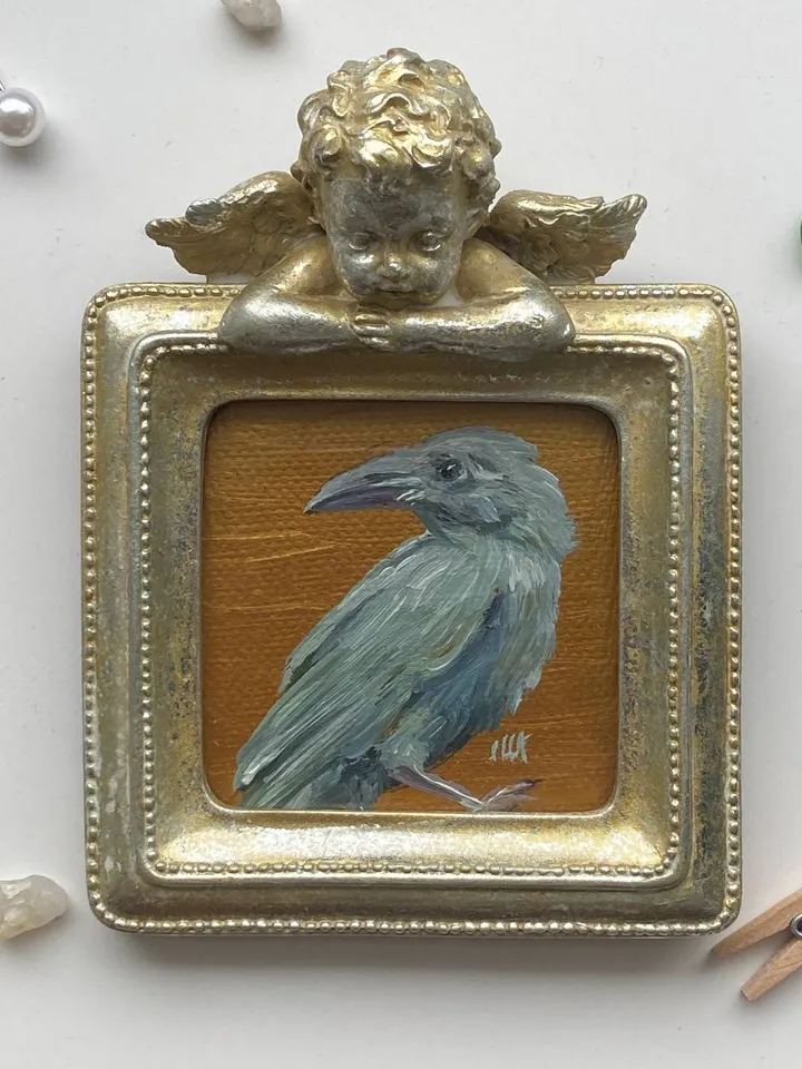 Framed Albino Raven Painting Small Original Witch’s Friend Artwork Crow Art Tiny Oil Painting Bird