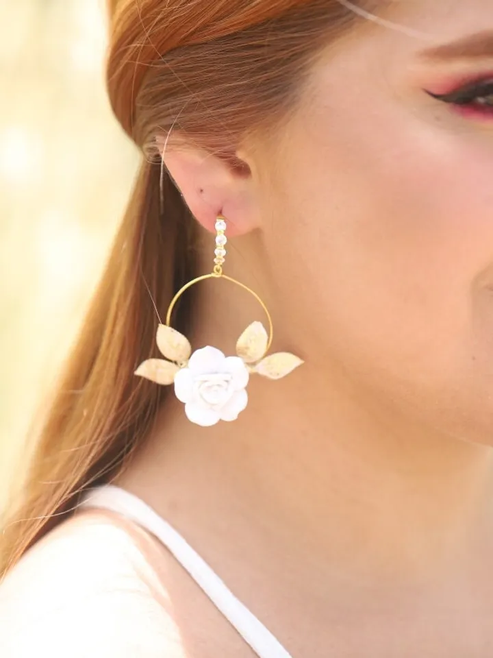 Gold Porcelain Flower Hoop Boho Wedding Earrings, Statement Crystal Leaves Boho Bridal Earrings, Floral Bridal Jewelry, Leaf Wedding Jewelry