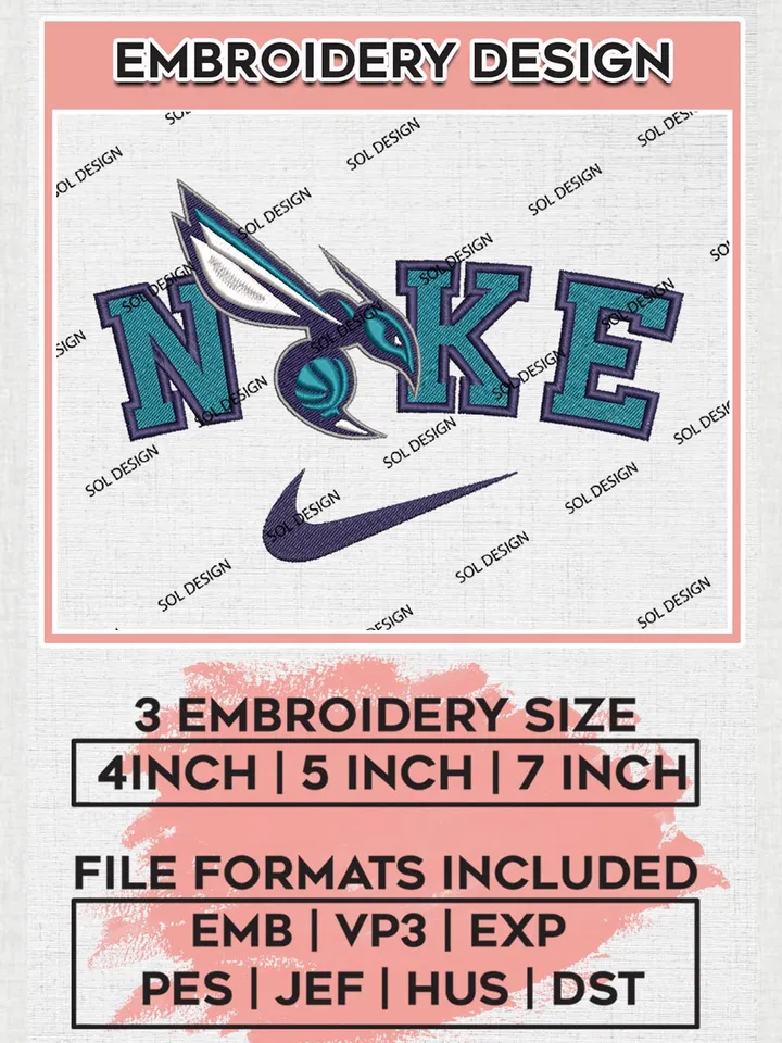 Nike Charlotte Hornets Machine Embroidery Designs, NBA Charlotte Hornets Embroidery Design Files, NBA Hornets Logo, NBA Machine Embroidery Designs, NBA Embroidery Designs, Digital Download