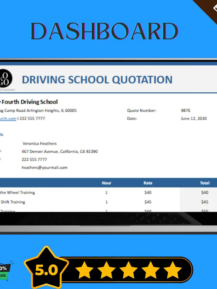 Driving School Quotation Template, Google Sheets, Digital Download for Lesson Pricing & Client Proposals
