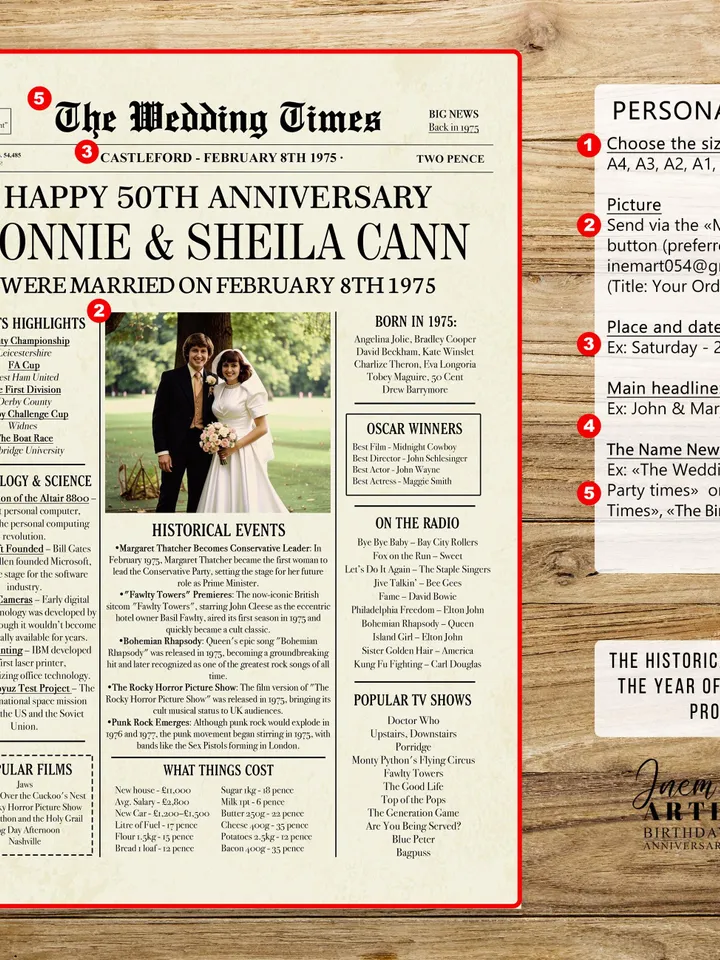 50th Anniversary 1975 Newspaper Photo Poster, 1975 Anniversary, 50th Anniversary Party Sign, 50th Anniversary Gift Board Anniversary gift UK