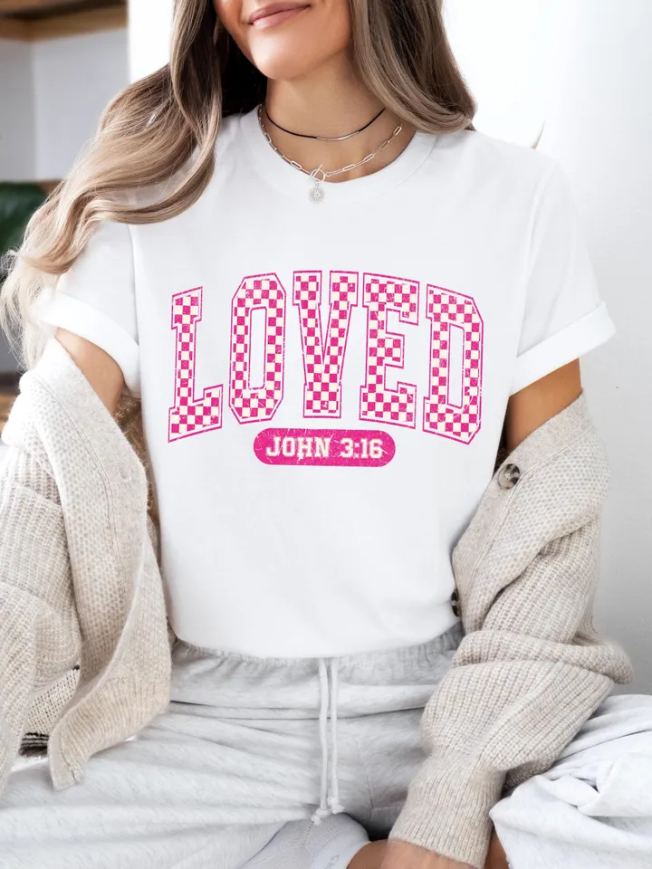 Christian Valentines Png, Loved John 3:16 Png, Retro Valentine Png, Valentines Day Png, Bible Verse Png, XOXO Png, Checkered Varsity Png