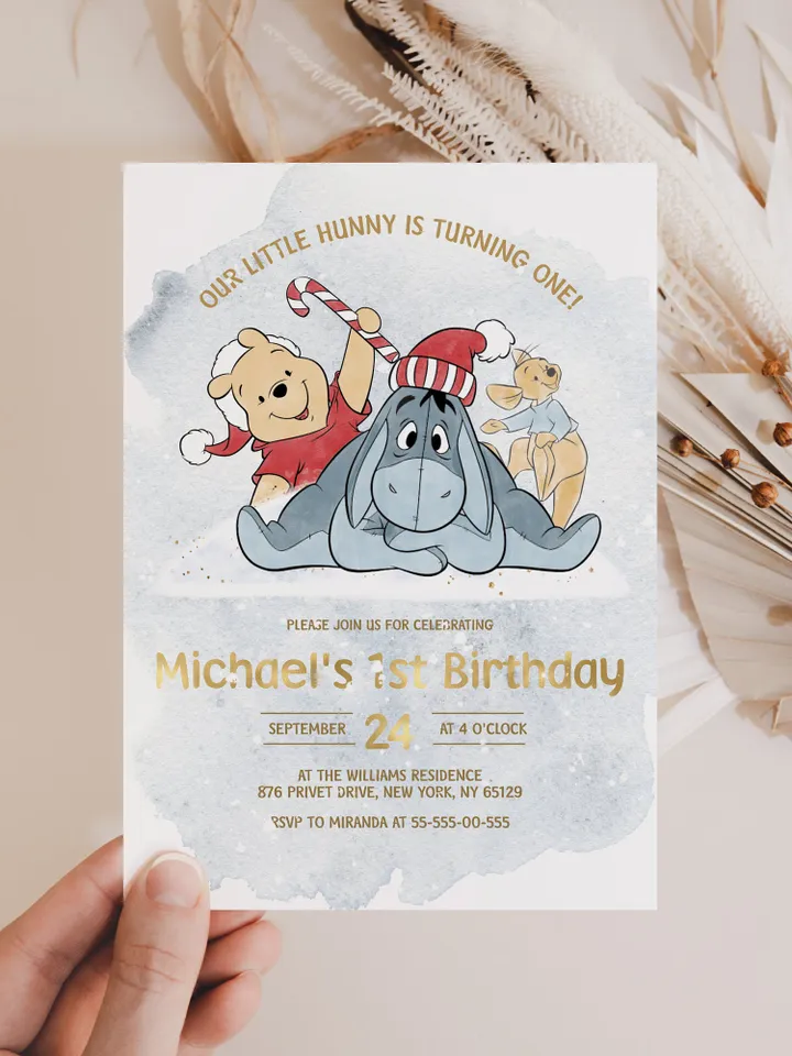 Christmas Winnie Pooh Baby Birthday Invitation; Winnie Pooh Baby Birthday ; Winter Baby Birthday; Honey Bear Birthday; Winnie Pooh xpooh1