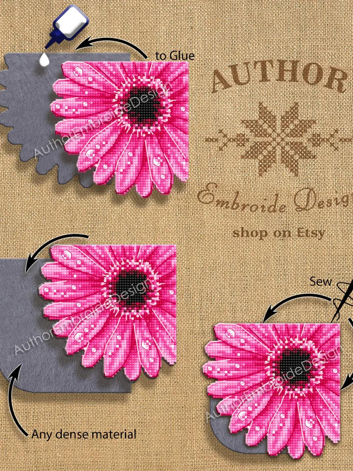 Gerbera Corner bookmark cross stitch pattern PDF download Pink flower cross stitch chart, Flower bookmark for women Floral pattern PDF #B257