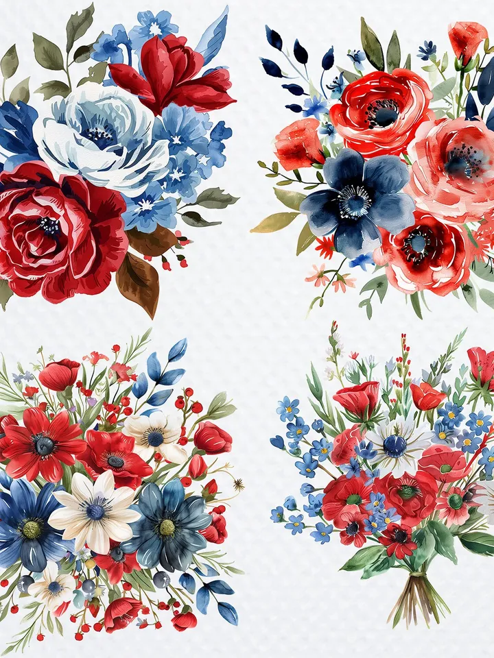 22 Patriotic bouquets PNG Bundle, Printable Watercolor American USA Bouquet for sublimation, 4th of july clipart, Paper craft, junk journal