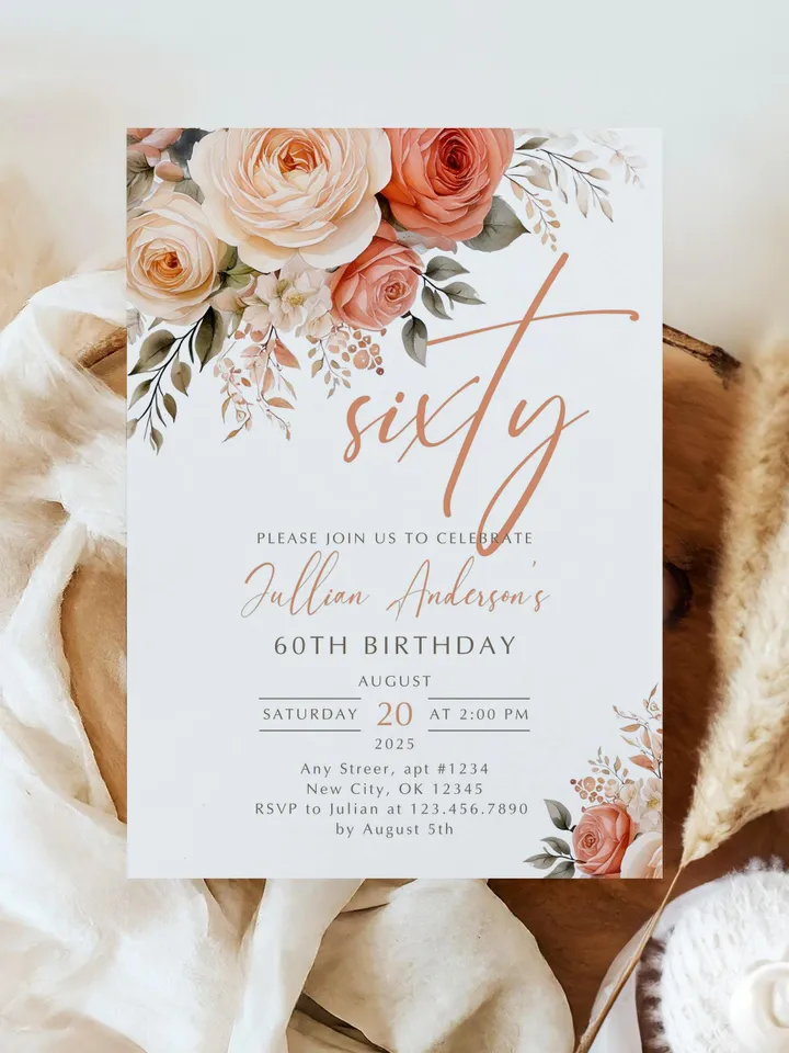 60th Birthday Invitation, Birthday Party Invitations for Women, Sixty Floral Birthday Invite for Her, Canva Editable Template, Digital File
