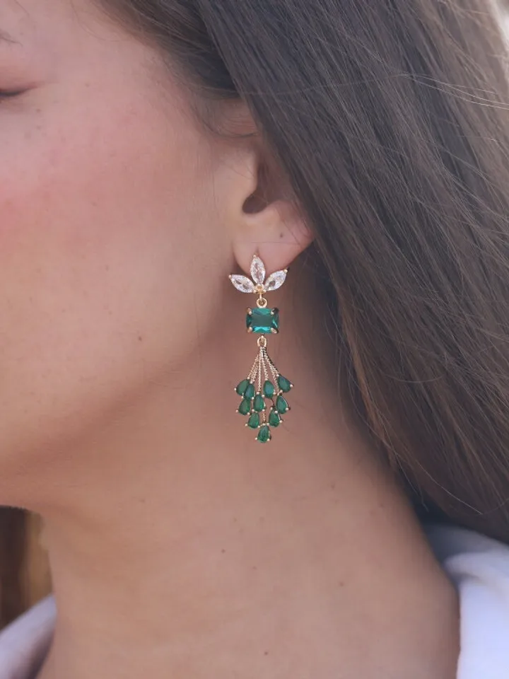 Art Deco Earrings, Boho Bridal Earrings, Statement Wedding Earrings, Emerald Gold Chandelier Earrings, Flower Earrings, Long Wedding Earring