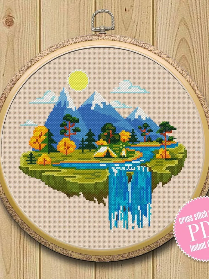 Nature Cross Stitch Pattern Modern Download PDF, Landscape Embroidery, Adventure Awaits, Tent Campfire Cross Stitch, Instant PDF #L5