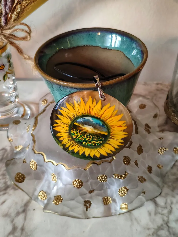 Pearl pendant necklace: Sunflower is a mirror of Life • Gorgeous hand painted floral pendant made on shell • Significant handmade jewelry