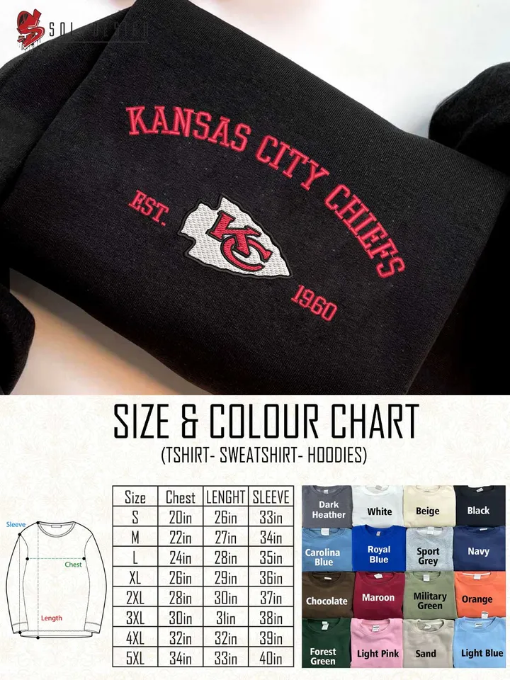 Kansas City Chiefs Est 1960 Embroidered Sweatshirt, NFL Embroidered Sweater, NFL Kansas City Chiefs Shirt, Football Embroidered Hoodie, Unisex Game Day Crewneck, NFL Football Fan Gift Tee
