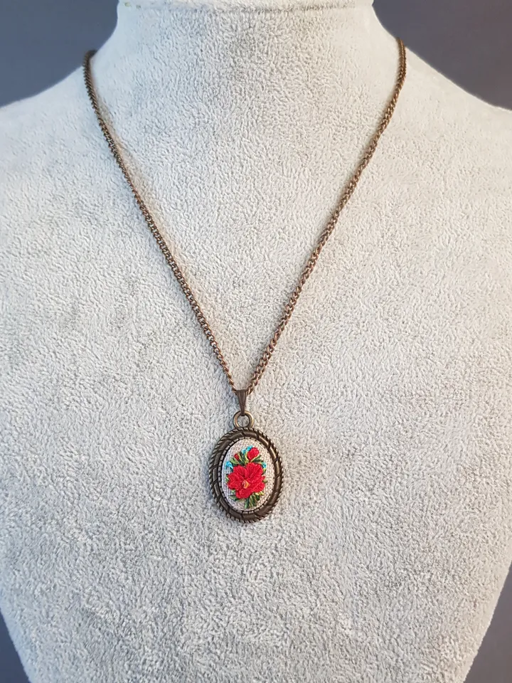 Ribbon embroidered pendant for her, red flower jewelry embroidery