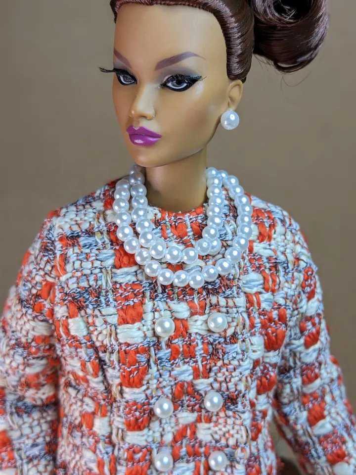 Handmade red & white bouclé suit with pearl clasps for 16-inch Fashion Royalty dolls (FR16)