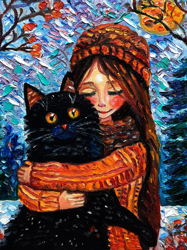 Girl with a Black Cat Art Painting Original Oil Art
Oil on Canvas