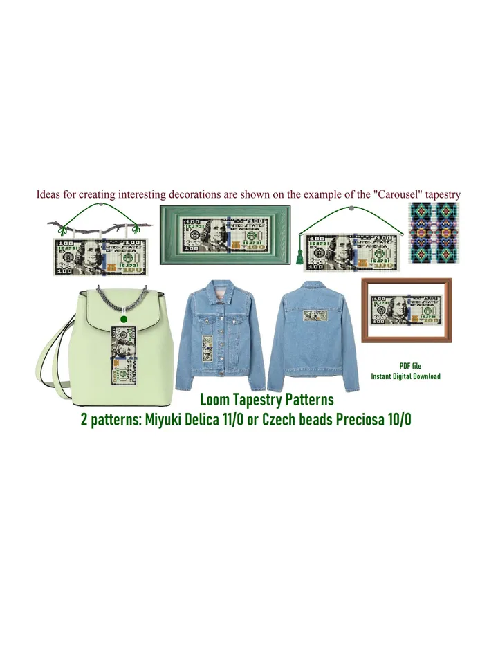 100 $ bill Loom Small Tapestry Pattern, Beaded Mini Banner Pattern, seed bead pattern, PDF instant download