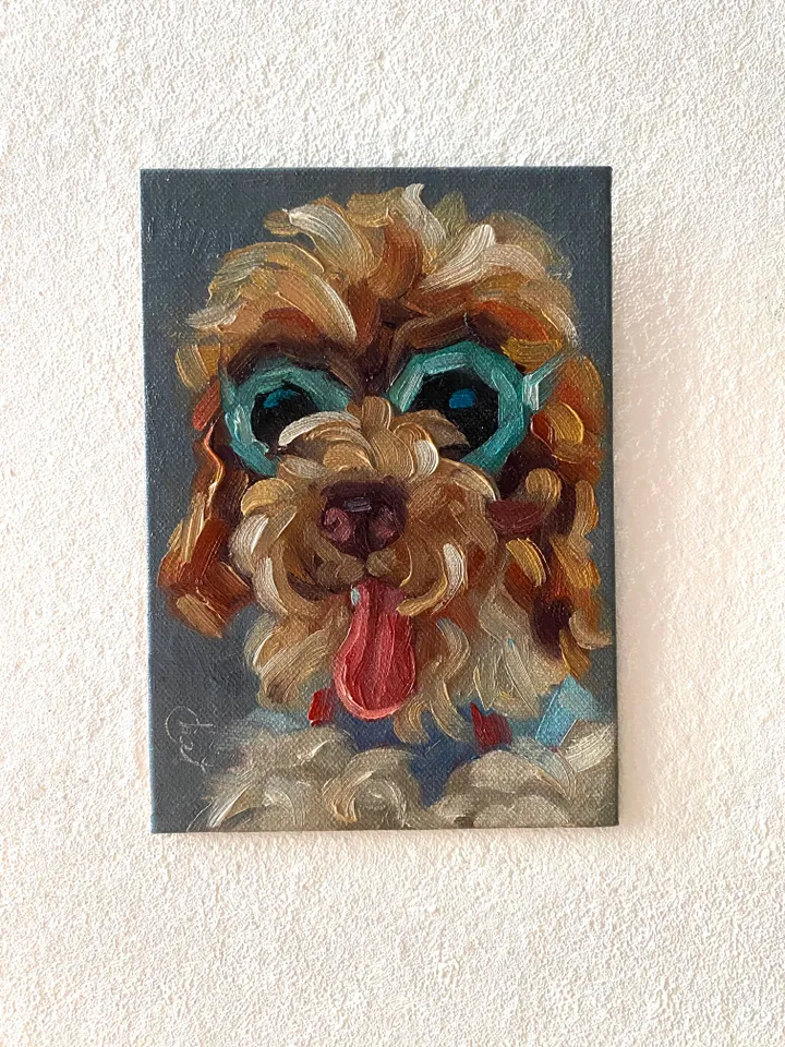 Dog oil painting original, Pet portrait artwork, Animal miniature wall art 4x6