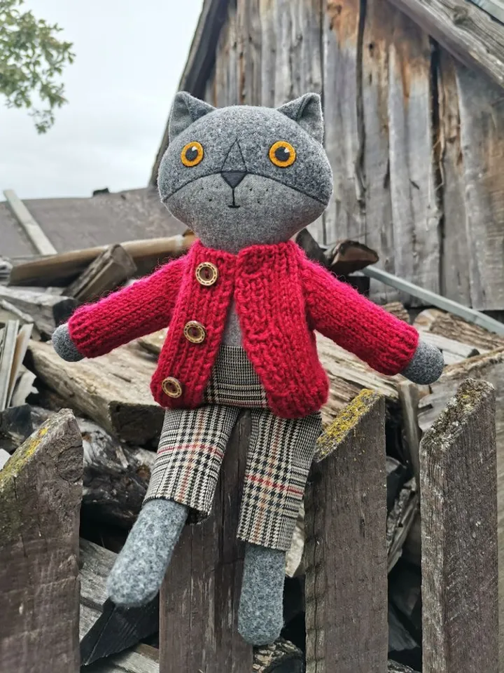 Gray cat boy, kitten wool plush toy, handmade textile stuffed cat