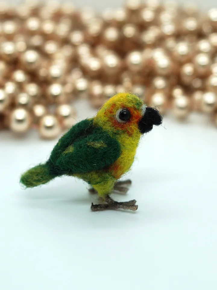 Miniature needle felted Jenday Conure, miniature parakeet, tiny parrot, made to order