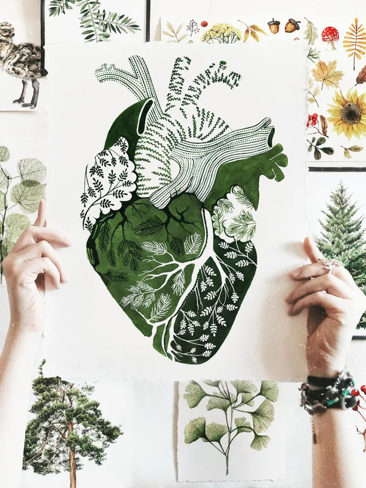 Watercolor print YOU ARE HERE, green heart illustration