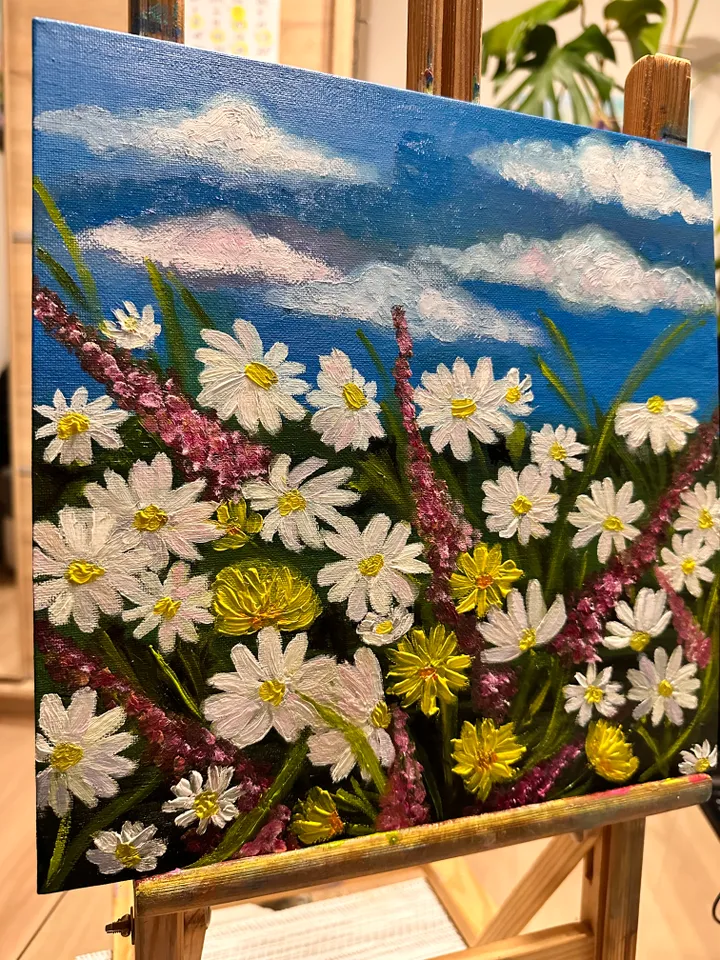Oil Painting of Daisies Spring Plants Flowers Blooming Meadow Wall Decor Nature Floral Art Canvas on Cardboard 12x12 inches 30x30 cm Gift for Her