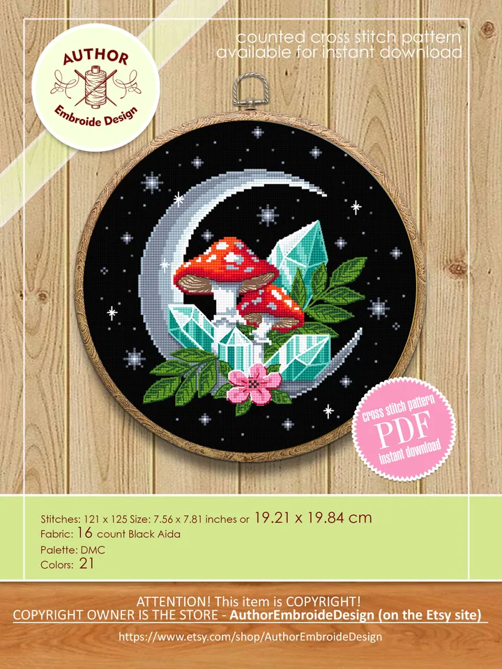Magic mushroom moon cross stitch pattern PDF download Amanita mushroom cross stitch chart, Mystical crystal moon embroidery, Fly agaric #L53