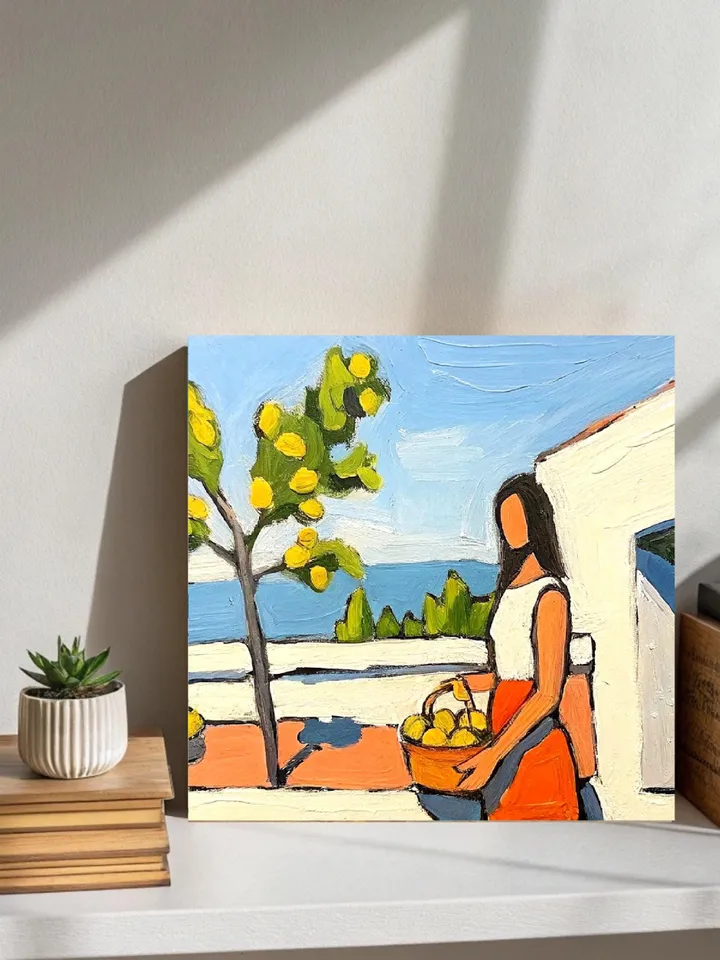 Woman with Basket of Lemons Oil Painting Yellow Lemon Tree Artwork Summer Kitchen Decor Gifts for Her by ArtProkopaloSv