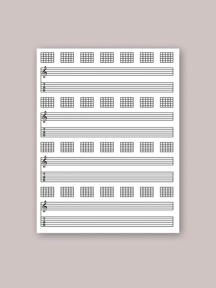 Blank printable guitar tabulature. Guitar tab and chord chart sheet Music. Blank guitar TAB sheet with chord boxes
