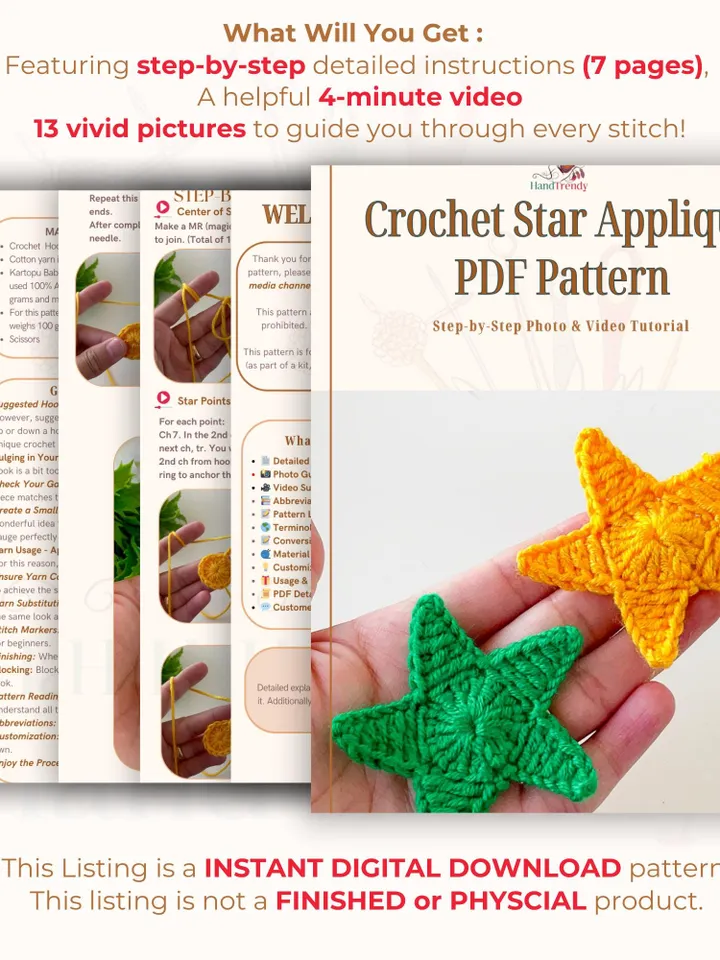 Crochet Star Pattern Applique PDF, DIY Decorative Star Ornament, Easy Crochet Pattern for Beginners