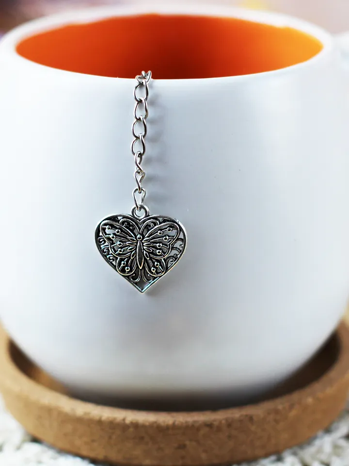 Heart charm tea ball infuser for herbal tea, Valentines day Tea infuser, Tea Strainer butterfly pendant, loose leaf tea