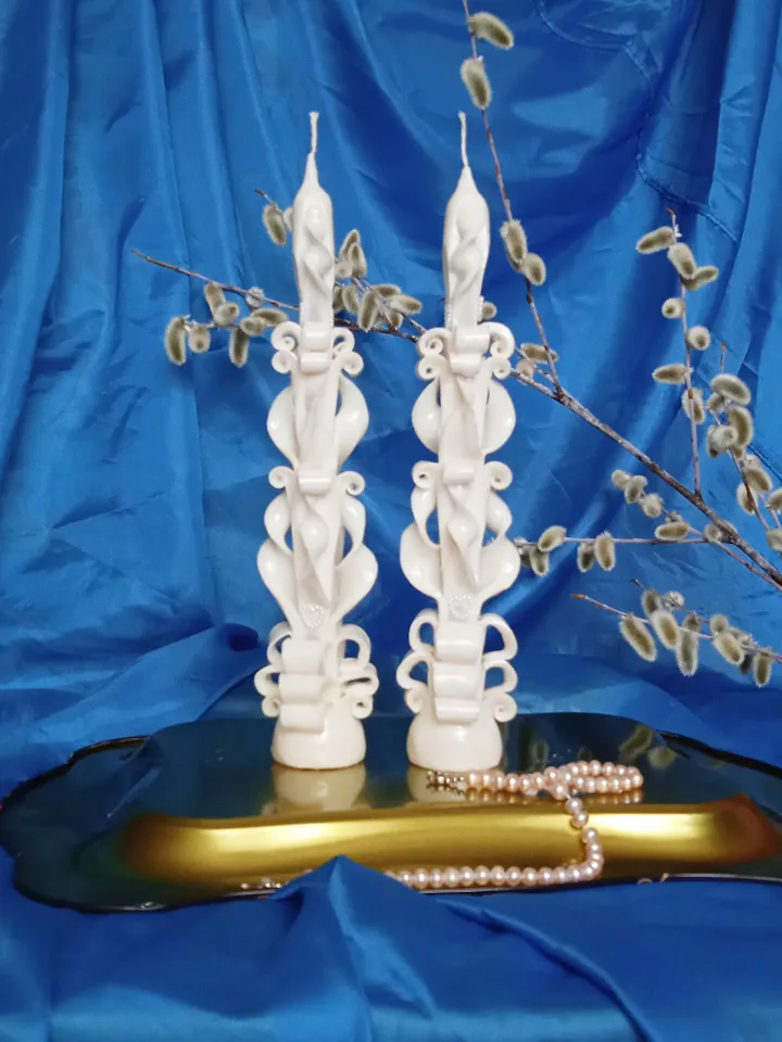 Carved candle set, Large candle height is 8 inches, two thin candles height is 9.8 inches
