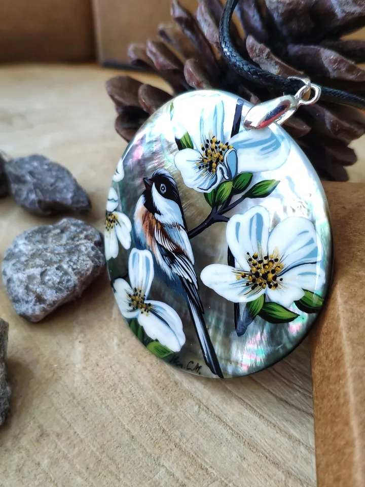 Pearl pendant necklace: Sparrow in wild roses on dainty handmade pendant • Elegant bird and floral necklace • Cute disc necklace for dress