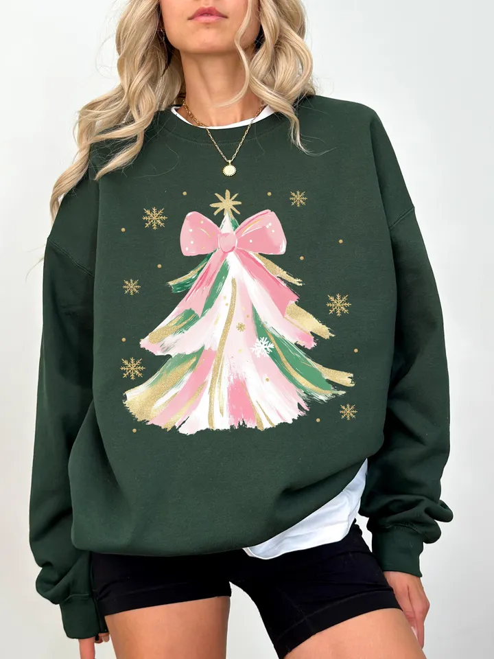 Coquette Glitter Christmas Tree Png, Watercolor Christmas Tree Girly, Merry Christmas Coquette Bow Tree Png, Christmas Lights Hand Drawn