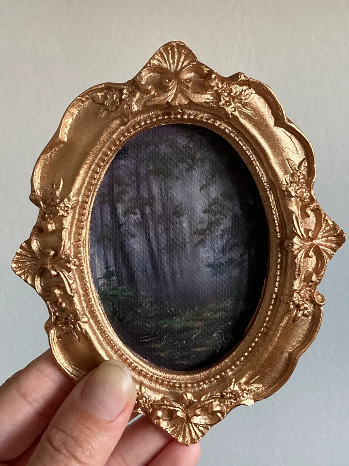 Forest Landscape Oil Painting Original In Vintage Style Frame Small Framed Oval Painting Art