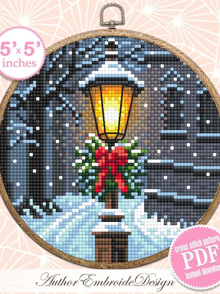 Christmas lamp post cross stitch pattern PDF download Winter landscape cross stitch chart, Christmas pattern digital PDF, Snow pattern #N176