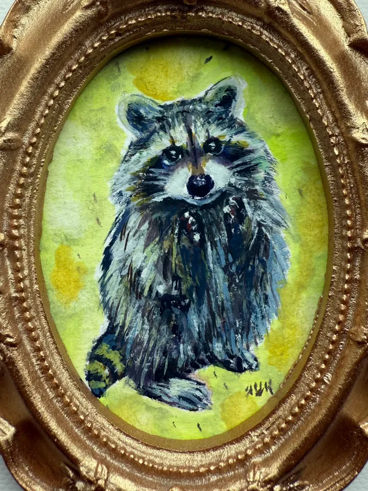 Raccoon Painting Original Small Framed Animals Gouache Painting Cute Wildlife Art Oval Frame