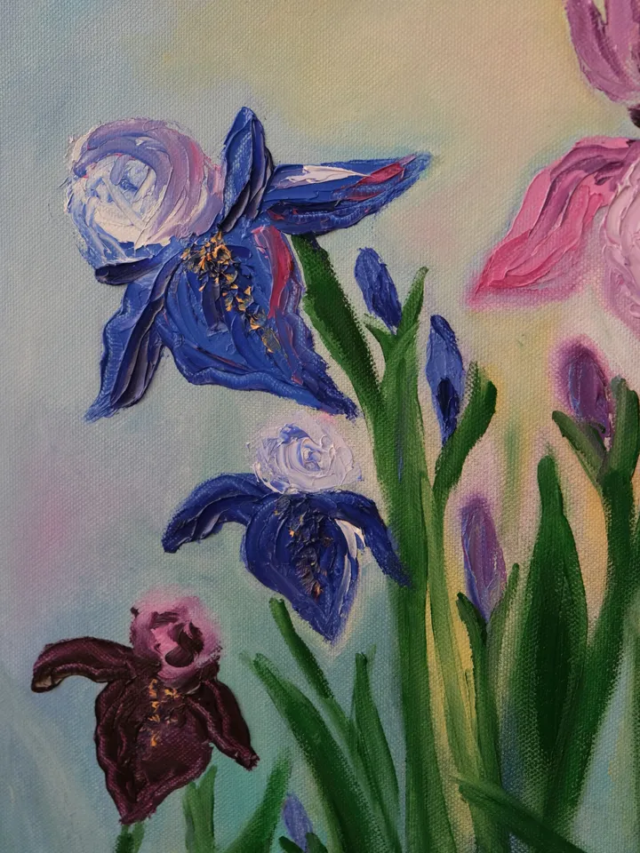 Oil Painting Irises Spring Flowers Floral Art Nature Bouquet of Irises Collectible Art Gift For the Occasion Wall Decor Stretched Canvas 22x18 inches 55 x45 cm Impressionism