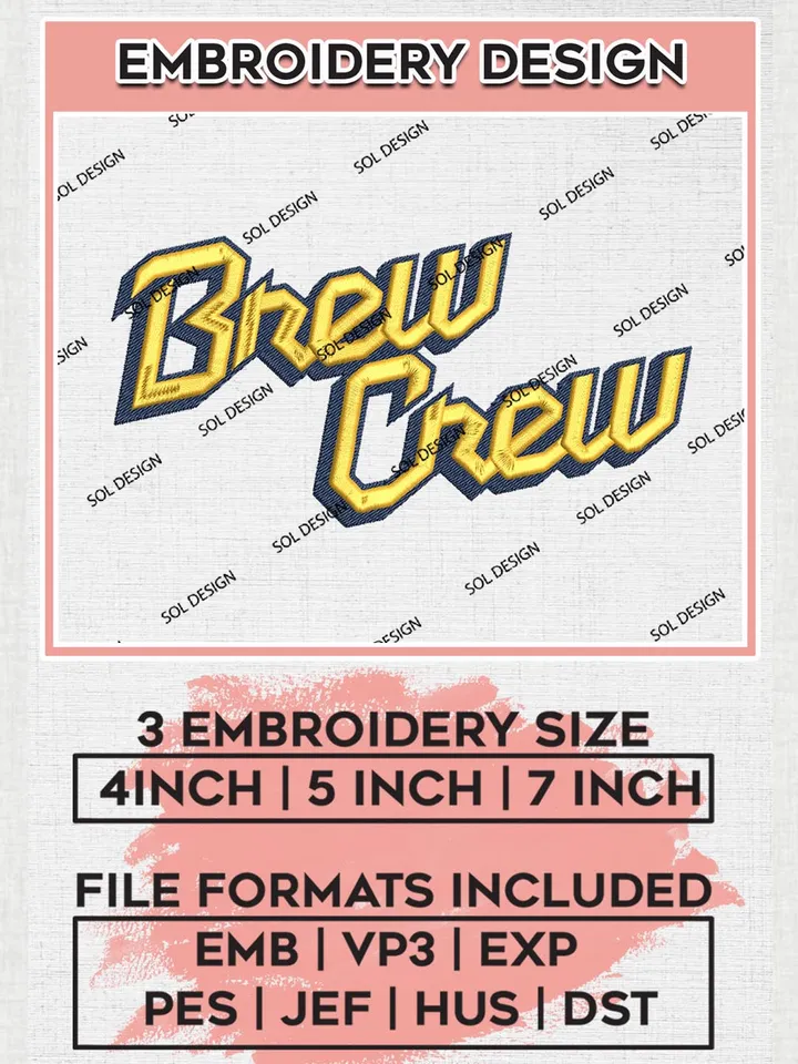 Brew Crew MLB Team Logo Embroidery Files, MLB Milwaukee Brewers Team Embroidery, MLB Teams, 3 sizes, MLB Machine embroidery designs, Digital Download