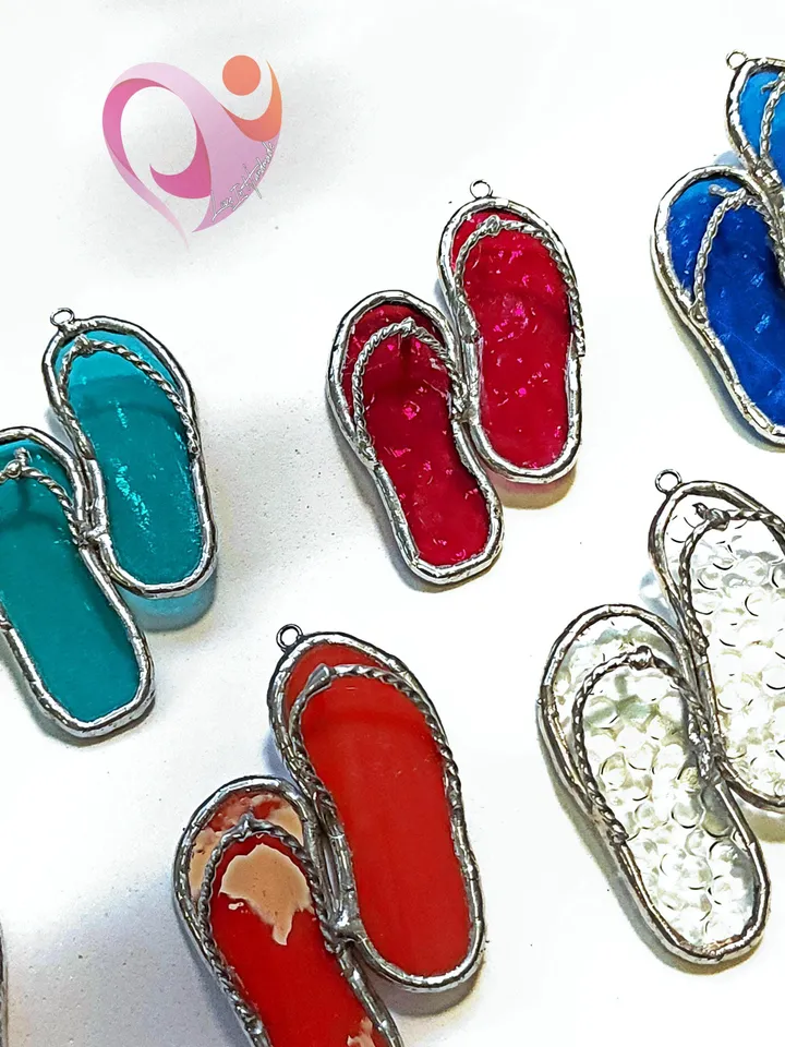 Real Stained Glass Flip Flop Car Charm or Bag Charm Suncatcher for Beach Lovers Cute Rear View Mirror Decoration Unique Purse Accessory