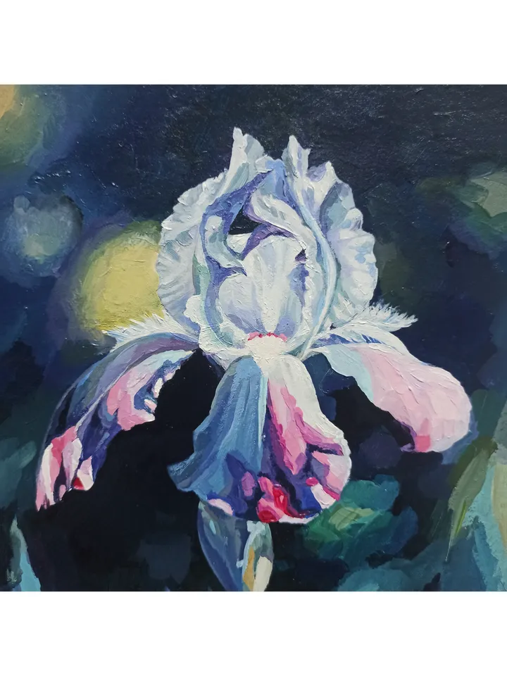 Painting with garden flowers, "Iris flower", original acrylic painting on cardboard 35x25cm