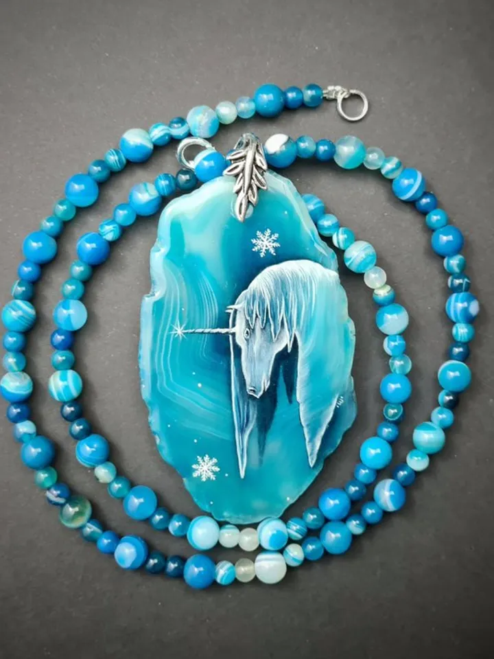 Unicorn necklace real oil painting Miniature on agate One of a kind Present OOA