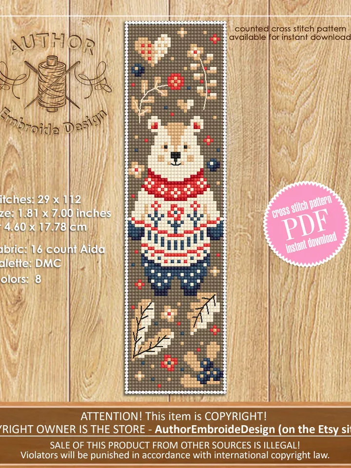 Scandinavian bookmark set cross stitch pattern PDF download Folk art animals cross stitch chart, Fall bookmarks pattern digital PDF #B430