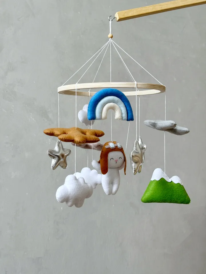 Bunny pilot baby mobile boy airplane, Travel nursery crib mobile
