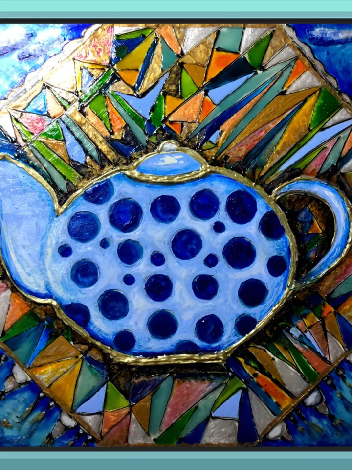 Stained glass painting, teapot on a fantasy background,abstract painting on glass ,kitchen decoration,tabletop or wall hanging,small gift.