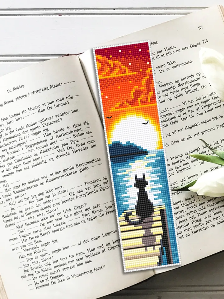 Bookmark cross stitch pattern download PDF Modern handmade bookmark digital Black cat embroidery beginners Sunset cross stitch chart #B59